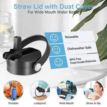 QIMUKKX Straw Lid for Hydro Flask Wide Mouth Bottle, Replacement Straw Lid with Dust Cover Fits Hydroflask Wide Mouth, Black