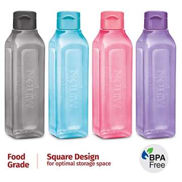 MILTON Sports Water Bottle Square Juice Box 4 Set 17 oz. Great for Juices Milk Smoothies Plastic Wide-Mouth Reusable Leak Proof Drink Bottle/Carton for School Bags Lunch Boxes Gym Flip Lid -BPA Free
