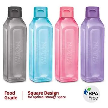 MILTON Sports Water Bottle Square Juice Box 4 Set 17 oz. Great for Juices Milk Smoothies Plastic Wide-Mouth Reusable Leak Proof Drink Bottle/Carton for School Bags Lunch Boxes Gym Flip Lid -BPA Free