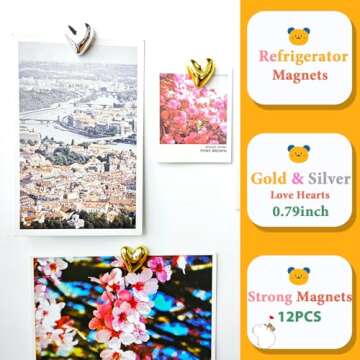 Janvelle 12PCS Refrigerator Magnets Gold Magnets for Fridge 0.79in Small Love Heart Silver Cute Decorative Magnet Set for Home Kitchen Office Whiteboard Decor