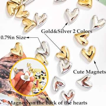 Janvelle 12PCS Refrigerator Magnets Gold Magnets for Fridge 0.79in Small Love Heart Silver Cute Decorative Magnet Set for Home Kitchen Office Whiteboard Decor