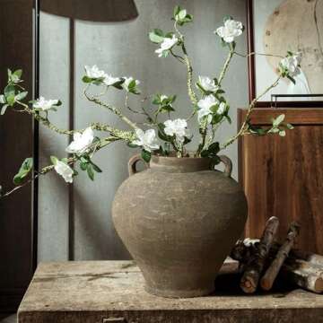 LuxenHome Rustic Large Flower Vase,14'' Tall Brown Terracotta Cauldron Vase,Farmhouse Decorative Vas...