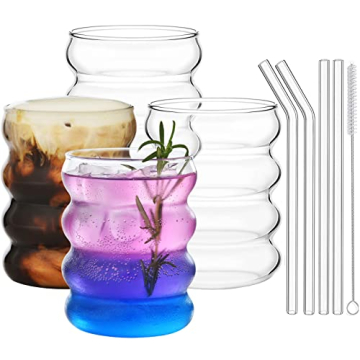 ALINK Ribbed Drinking Glass Cups with Glass Straws Set of 4, 12 oz Aesthetic Iced Coffee Glasses, Wa...