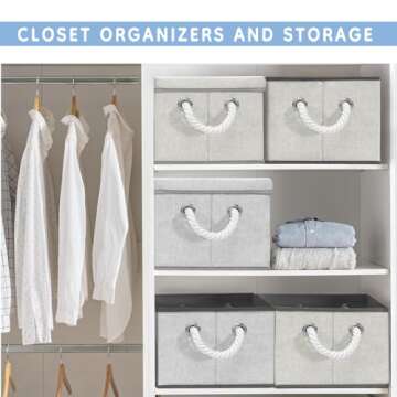 Medium Fabric Storage Bins with Lids 3 Packs,Folding Storage Baskets for Organizing with Cotton Rope Handles,Rectangle Organizer Bins for Magazine with Metal Snap,Gray,12.20"x9.45"x6.69"