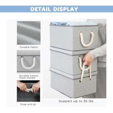 Medium Fabric Storage Bins with Lids 3 Packs,Folding Storage Baskets for Organizing with Cotton Rope Handles,Rectangle Organizer Bins for Magazine with Metal Snap,Gray,12.20"x9.45"x6.69"