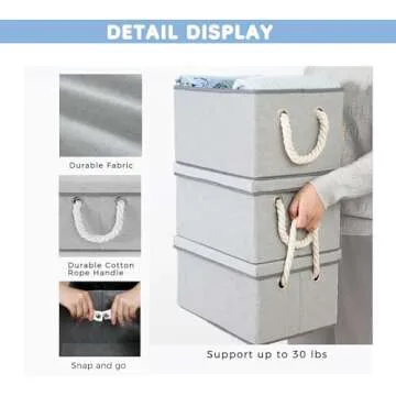 Medium Fabric Storage Bins with Lids 3 Packs,Folding Storage Baskets for Organizing with Cotton Rope Handles,Rectangle Organizer Bins for Magazine with Metal Snap,Gray,12.20"x9.45"x6.69"