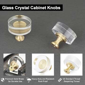 QOGRISUN 10-Pack Brass Crystal Cabinet Knobs,Glass Crystal Gold Drawer Knobs,1-1/4-Inch Round, Decor...