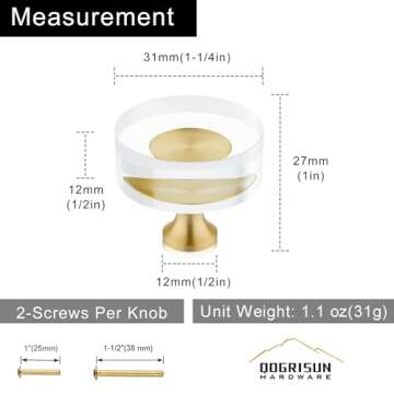 QOGRISUN 10-Pack Brass Crystal Cabinet Knobs,Glass Crystal Gold Drawer Knobs,1-1/4-Inch Round, Decorative Dresser Pulls, Modern Cabinet Hardware