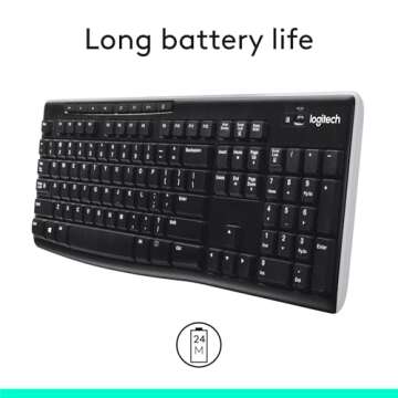 Logitech K270 Wireless Keyboard for Windows, 2.4 GHz Wireless, Full-Size, Number Pad, 8 Multimedia Keys, 2-Year Battery Life, Compatible with PC, Laptop, Black