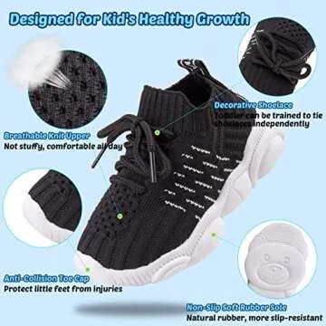 Baby Walking Shoes First Walker Toddler Infant Little Girls Boys Slip-On Wide Chubby Feet Summer Non-Slip Soft Rubber Sole Cute Crib Knit Socks Sneakers Size 5 for 12-18 Months Crawling (Black, 5#21)