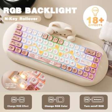 YUNZII C68 Wireless Mechanical Keyboard,65% Layout,Hot Swap,Triple Mode BT5.0/2.4G/Wired, RGB Backlit NKRO,Cute Cat Silicone Ergonomic Design for Win/Mac (Brown, Milk Switch)