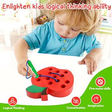 Skrtuan Wooden Lacing Apple Toy for Toddlers 3-5 Years Old, Montessori Fine Motor Skills Threading P...