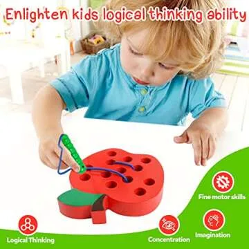Skrtuan Wooden Lacing Apple Toy for Toddlers 3-5 Years Old, Montessori Fine Motor Skills Threading P...
