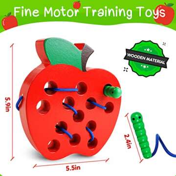 Skrtuan Wooden Lacing Apple Toy for Toddlers 3-5 Years Old, Montessori Fine Motor Skills Threading Puzzle, Educational Travel Gift for Boys & Girls
