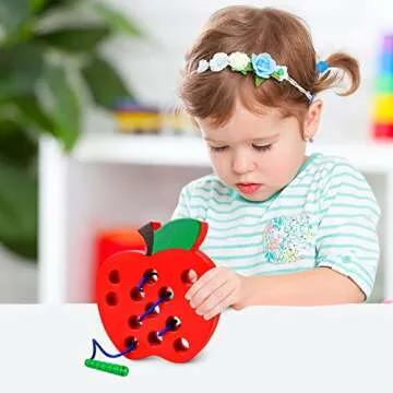 Skrtuan Wooden Lacing Apple Toy for Toddlers 3-5 Years Old, Montessori Fine Motor Skills Threading Puzzle, Educational Travel Gift for Boys & Girls