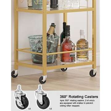 TUTOTAK Bar Cart, Home Bar Serving Cart with 3-Tier Mirrored Shelf, Microwave Cart, Drink Cart, Mobile Kitchen Shelf with Wine Rack, Rolling Beverage Cart, Gold BC01BB033