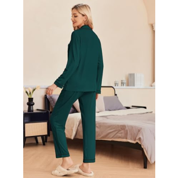 Ekouaer Pajamas Women's Long Sleeve Sleepwear Soft Button Down Loungewear Pjs Lounge Set Nightwear,Dark Green,Large