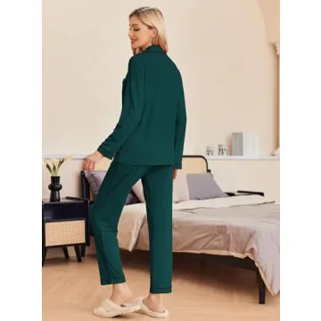Ekouaer Pajamas Women's Long Sleeve Sleepwear Soft Button Down Loungewear Pjs Lounge Set Nightwear,Dark Green,Large