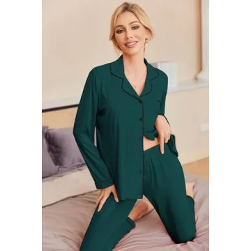 Ekouaer Pajamas Women's Long Sleeve Sleepwear Soft Button Down Loungewear Pjs Lounge Set Nightwear,Dark Green,Large