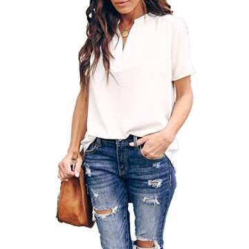 Allimy Women Summer Short Sleeve Tunic Chiffon Dressy Casual Blouses and Tops 2025 Small White