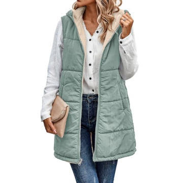 ECOWISH Women Long Puffer Vest: Fall Zip up Reversible Fleece Jacket Winter Warm Sleeveless Hooded C...