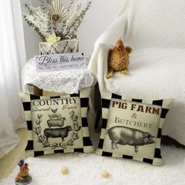Faromily Vintage Farmhouse Animal Pillow Covers Set - 4 Black Buffalo Plaids