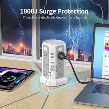 Surge Protector Power Strip Tower with USB C Port(PD18W),10FT Extension Cord with 12 AC Outlets 5 USB Charging Ports, PASSUS Power Tower Surge Protection for Home Office DormRoom