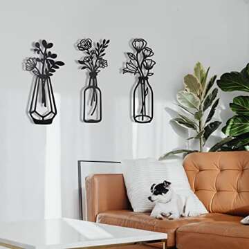 3 Metal Flower Vase Decor - Elegant Wall Art for Home