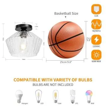 FRIDEKO HOME Semi Flush Mount Ceiling Light - Glass Ceiling Light Fixture Black Hallway Light Fixtures Modern Light Fixtures Ceiling for Bedroom Bathroom Entryway Kitchen Porch