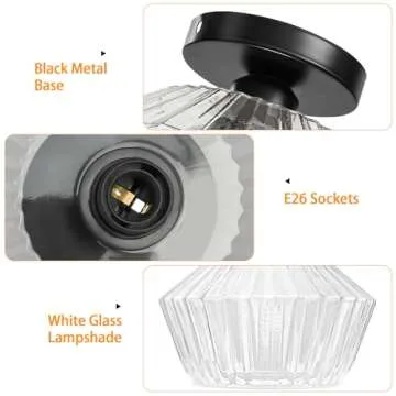FRIDEKO HOME Semi Flush Mount Ceiling Light - Glass Ceiling Light Fixture Black Hallway Light Fixtures Modern Light Fixtures Ceiling for Bedroom Bathroom Entryway Kitchen Porch