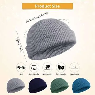 SATINIOR 4 Pieces Trawler Beanie Watch Hat Roll up Edge Skullcap Fisherman Beanie Unisex (Lake Blue, Green Grey, Navy Blue, Grey)