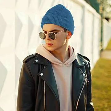 SATINIOR 4 Pieces Trawler Beanie Watch Hat Roll up Edge Skullcap Fisherman Beanie Unisex (Lake Blue, Green Grey, Navy Blue, Grey)