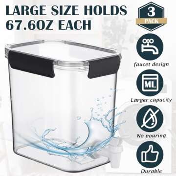 Soaoo 3 Set 67.6 oz Liquid Laundry Detergent Dispenser with Faucet and Cup Holder Labels Plastic Fabric Softener Container Detergent Drip Catcher for Laundry Room Washing Soap