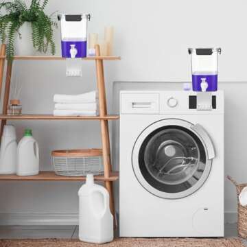 Soaoo 3 Set 67.6 oz Liquid Laundry Detergent Dispenser with Faucet and Cup Holder Labels Plastic Fabric Softener Container Detergent Drip Catcher for Laundry Room Washing Soap