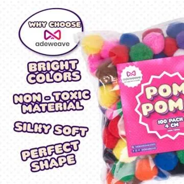 Adeweave 1.5 Inch Pom poms –100 Soft and Fluffy Craft Pom Pom Balls – Multicolor Craft Supplies Pompoms for Arts and Crafts in a Reusable Box, Large Puff Ball Ideal for DIY and School Activities