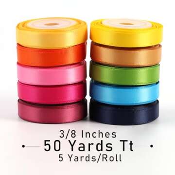 LaRibbons 10 Color 50Yards Solid Satin Ribbon,3/8" X 5 Yard/Roll Colorful Double Face Rainbow Ribbon for Crafts,Flower Bouquet,Gift Wrapping,Hair Bows,Birthday,Wedding Party Decoration
