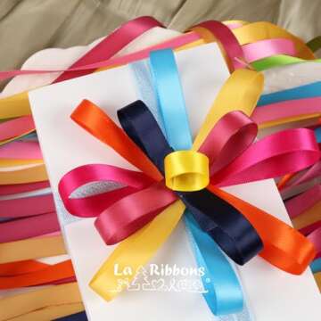 LaRibbons 10 Color 50Yards Solid Satin Ribbon,3/8" X 5 Yard/Roll Colorful Double Face Rainbow Ribbon for Crafts,Flower Bouquet,Gift Wrapping,Hair Bows,Birthday,Wedding Party Decoration