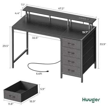 Huuger 47 Inch Computer Desk with Power Outlets and LED Lights, Gaming Desk with 4 Drawers, Office D...