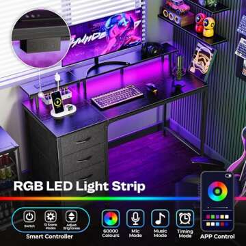 Huuger 47 Inch Computer Desk with Power Outlets and LED Lights, Gaming Desk with 4 Drawers, Office Desk with Monitor Stand, Study Desk Work Desk for Home Office, Small Spaces, Black