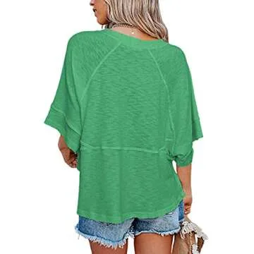 Sovelen Women's Summer Casual Crewneck 3/4 Sleeve T-Shirts Solid Color Loose Fit Cute Basic Tops Tees Blouses (Green, Medium)