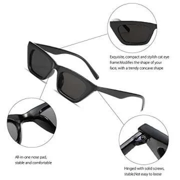 BOJOD Small Square Cat Eye sunglasses for women trendy retro skinny cool 90s sunglasses Black