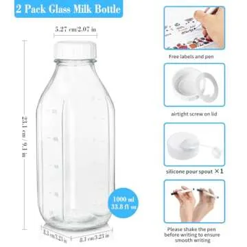 Milk Bottle with Dispenser Cap, 100% Airtight Heavy Duty Screw Lid. 2 Pack 32 Oz Reusable Glass Bottles with 3 Lids! Breast Milk Jug Pitcher, Buttermilk, Water, Juice Bottles w Cap, Syrup, Honey