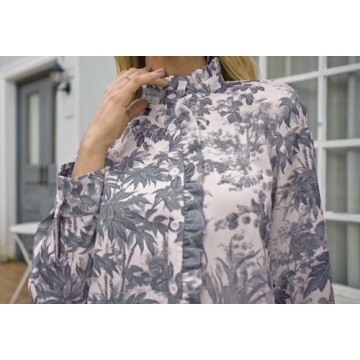 EZAPINE Women Floral Mini Dress Long Sleeve Stand Collar Button Up Elegant Work Swing Short Pleated Dress Red S