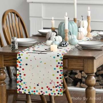 Artoid Mode Polka Dot Beige Happy Birthday Table Runner, Seasonal Kitchen Dining Table Decoration fo...