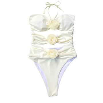 OYOANGLE Women's Halter Neck 3D Floral Appliques Sexy One Piece Swimsuit Cut Out Bathing Suit Beige Small