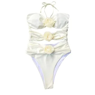 OYOANGLE Women's Halter Neck 3D Floral Appliques Sexy One Piece Swimsuit Cut Out Bathing Suit Beige Small