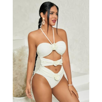 OYOANGLE Women's Halter Neck 3D Floral Appliques Sexy One Piece Swimsuit Cut Out Bathing Suit Beige Small