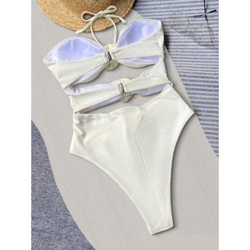 OYOANGLE Women's Halter Neck 3D Floral Appliques Sexy One Piece Swimsuit Cut Out Bathing Suit Beige Small