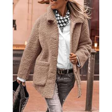 PRETTYGARDEN Women's Winter Faux Fur Coats Long Sleeve Lapel Button Down Pockets Fleece Sherpa Jacket Casual Trendy Outerwear (Camel,Small)