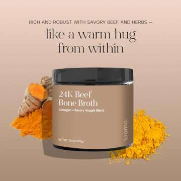 Kroma Premium Grass Fed Beef Bone Broth, Dairy & Gluten Free Powder Mix with Collagen, Protein, Turmeric & other Organic Ingredients, Promotes Gut Health & Healthy Skin, Hair & Nails - 7 Packets